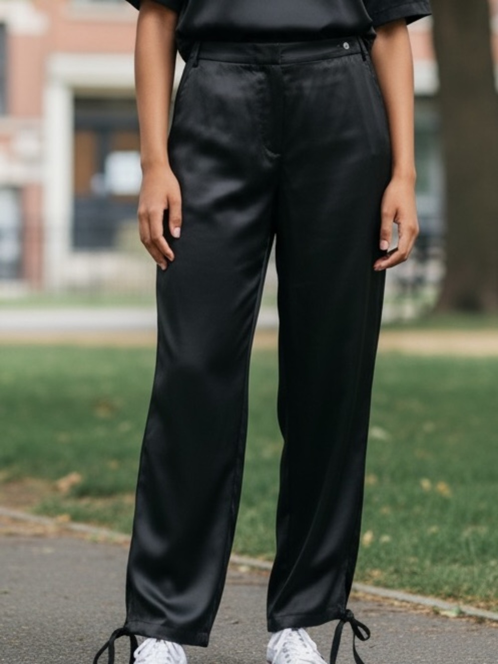 Women MM6 Maison Margiela Black Satin Pants Ankle Ties IT 46 US 10 Quiet Luxury
